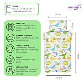 Bloomsbury Mill - Kids Single Duvet Cover Set - Childrens Single Bedding for Boys and Girls - Dinosaur World Single Bed Duvet Cover Set with Pillow Case - 135x200cm