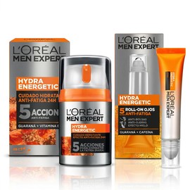 L'Oréal Paris Men Expert Kit Hydra Energetic Crema para Hombre y Roll-on Anti Ojeras con Extracto de Vitamina C y Guarana