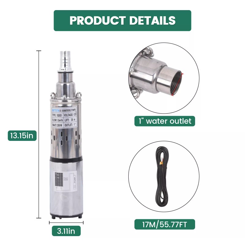 MXTSTA Solar Water Pump Submersible Deep Well Pump 12V DC