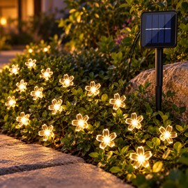 Solar Cherry Blossom String Lights for Outdoor Decoration – 20 LED, 16.4 ft, 8 Lighting Modes for Garden, Patio and Parties