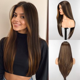 WOKESTAR Long Wigs for Women Synthetic Heat Resistant Hair with Fringe Natural Wigs for Daily Use Mixed Brown Color