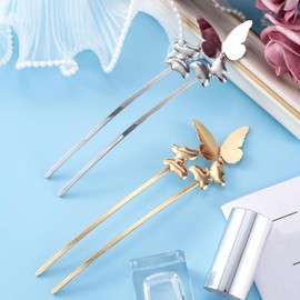 4 PCS Butterfly U-Shaped Hairpins - Vintage Chinese Style Hair Sticks, Retro Hair Accessories for Women Girls, Elegant Metal Butterfly Hair Forks for All Hairstyles, Gold and Silver