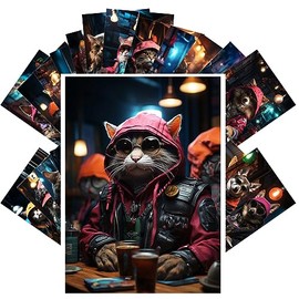 PIXILUV Vintage Postcards (24 pcs 4"x6" each) Gang Cats and Gang Dogs Sitting at the Night Bar in Cyberpunk Town Vintage Postcards Retro Greeting Card Book Illustration Reprint Funny Animals