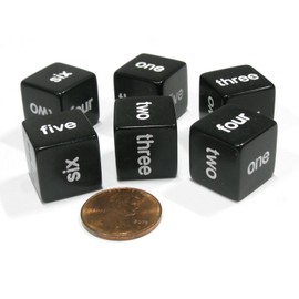 Set of 6 D6 16mm Word Number Dice - Math Educational Die - Black with White Pip