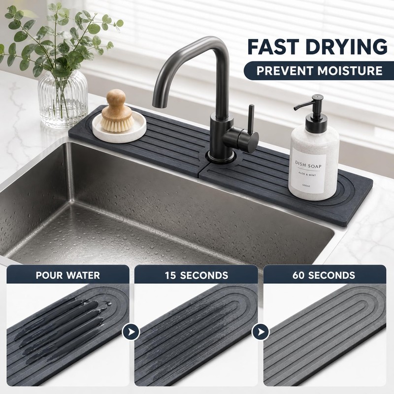 Faucet Mat for Kitchen Sink, Natural Diatomite Stone (23.6" x