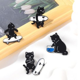 ARFUKA Pack of 4 Brooch Cat Brooch Pins for Clothes Bags Jackets Birthday Christmas Gifts for Men and Women Black, Metal