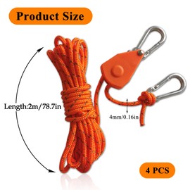 4 PCS Reflective Tent Guy Ropes, 1/8 Inch Tent Guide Rope Tensioners with Pulley 4mm Outdoor Camping Rope Cord Heavy Duty Ratchet Ropes with Aluminum Adjuster (Orange)