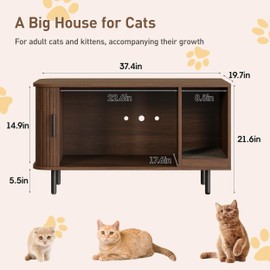Halitaa Cat Litter Box Enclosure with Cat Scratch Pad, Sliding Door, 37.4" Litter Box Enclosure Furniture Hidden Litter Box, Modern Indoor Cat House, TV Stand, Side End Table for Living Room, Walnut