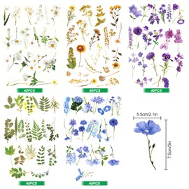 Flower Stickers for Scrapbooking, 200Pcs Vintage Floral Plant Stickers Transparent Wild Flowers Sticker for Journaling DIY Craft Cards