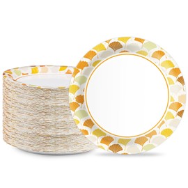 EggSun 100pcs 10 Inch Paper Plates, Large Disposable Paper Plates, Heavy Duty Flower Plate Tableware for Family Gathering, Dinner Time, Birthday, Wedding, Hobrday Party Suppbres (Ginkgo Leaf)