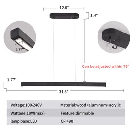 Black Wood Linear Pendant Light – Dimmable LED Chandelier with Remote, Modern Minimalist Lighting for Kitchen Islands, Dining Rooms & Pool Tables (Energy-Efficient 19W)