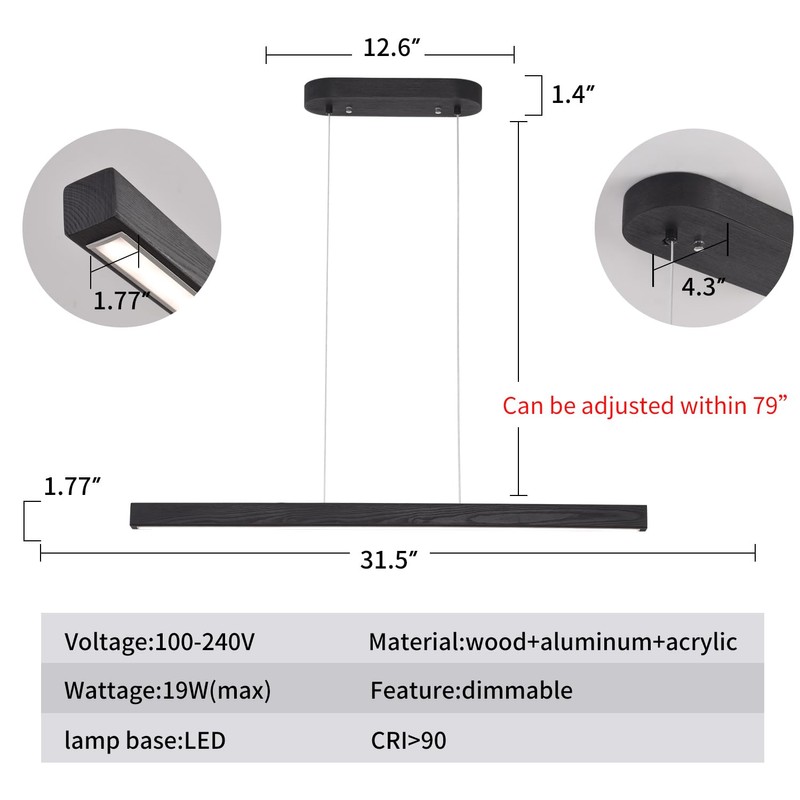 Black Wood Linear Pendant Light – Dimmable LED Chandelier with