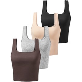 Joviren Cotton Workout Crop Tank Top for Women Square Neck Yoga Tank Tops Athletic Sports Shirts Exercise Undershirts 4 Pack Black/Grey/Apricot/Coffee M