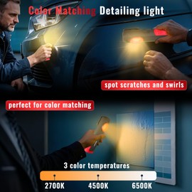 Car Detailing Light Rechargeable, 600LM Paint Correction Inspection Light with Magnetic Base & Hook, 2700/4500/6500K, Handheld LED Work Light for Auto Detailing, Color Matching & Repairs (1 Pack)