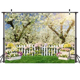 AIIKES 8X6FT Spring Backdrop White Flowers Forest Tree Photography Backdrop Birthday Party Wedding Baby Shower Decor Photo Studio Prop 12-665