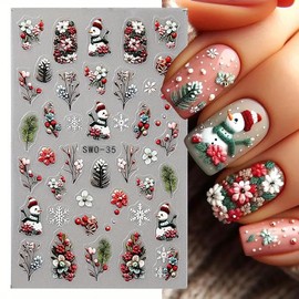 Christmas Nail Stickers Snowman Nail Decals 2Pcs Winter Nail Supplies Self Adhesive Xmas Nail Decorations Snowman Floral Nails Design Stickers Christmas Nail Art Decals for Women Manicure Accessories