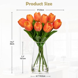 Arborus Fake Tulips Artificial Tulip Flowers in Glass Vase with Faux Water, 14.2" Real Touch Orange Tulip Flowers Décor for Table Centerpiece Home Farmhouse Resto Wedding Decoration