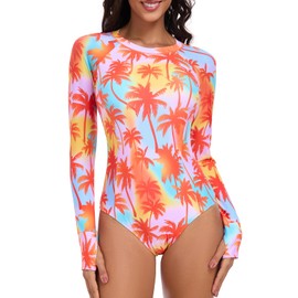 Ocean Blues Women's Leaf Print Lond Sleeves One Piece Bathing Suit Sun Protection Swimwear UV UPF 50+ Rash Guard Zipper Swimsuit Size Large