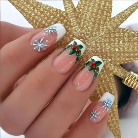 24Pcs Christmas French Tip Press On Nails - Medium Square, Winter Snowflake Designs, Glossy Full Cover Glue On Nails for Women's Manicure