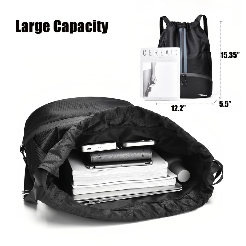 Sports Drawstring Backpack – Water-Resistant Gym Bag with Shoe Compartment