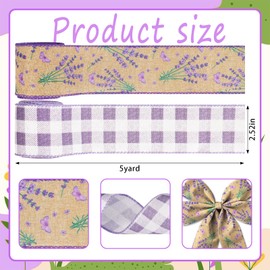 Glodecart 2 Rolls Lavender Ribbons Wired for Wreath Bow Wrapping Gifts, Floral Spring Flower Ribbon for Gift Wrapping Party Decoration DIY Crafts, 2.5" X 10 Yards Purple Plaid Lavender Wired Ribbon