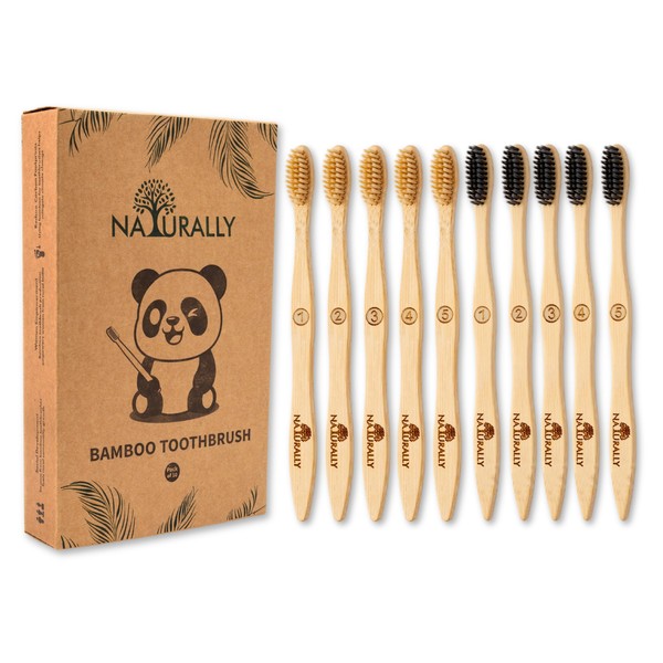 NATURALLY Bamboo Toothbrushes 10 Pack - BPA Free Soft Bristles