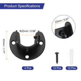 sourcing map 4Pcs Closet Rod End Supports, 0.98" Stainless Steel Flange Rod Holder Bracket End Supports with Screws for Bathroom Closet Curtain, Black
