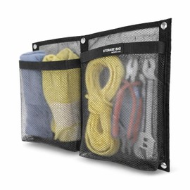 Marine Mesh Double Pocket Boat Gear Storage Bag, Polyester Boat Rope Storage Bag, Screw Snap Mount (Black, Large)