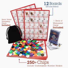 GrandSail Poker Keno Bingo Set: 12 Double-Sided Boards (12 Unique Layouts), 250 Chips, 1 Decks Waterproof Poker Cards. Family Casino Night Fun
