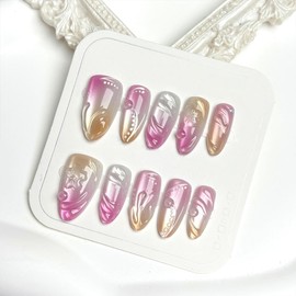 30Pcs Pink Press on Nails Almond Fake Nails Extra Shiny Aurora False Nails Clear 3D Flower Nail Designs Pink White Gradient Glue on Nails Full Cover Glossy Acrylic Nails Press ons Nail for Women