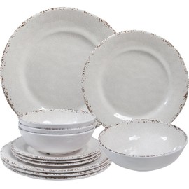 ZAROCRUS Farmhouse Melamine Dinnerware Sets,12 Pieces Dishes Dinnerware Set,Service for 4 Lightweight Kitchen Plates and Bowls Sets, Great for Casual dining and Outdoor Parties Camping or RVs, White