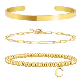 Gold Initial Bracelets Stack for Women Non Tarnish Dainty Gold Bracelet Jewelry Set for Women Trendy Letter C