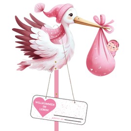 Rattling Stork Set for Birth Baby, 81 cm High Baby Stork, Large Cute Wooden Rattling Stork for Baby, Printed on Both Sides, Birth Stork Including Wooden Stick + Name Plate Greeting Card