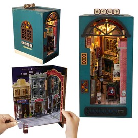 TOPBSFARNY 3D Wooden Puzzle Bookend, Chinese Style Bookshelf Decor Insert Alley, DIY Miniature Booknook Model Craft Kits for Adults,Gifts with LED on Birthday Christmas