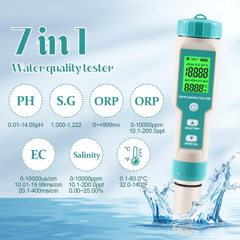 pH Meter for Water 7 in 1 PH/TDS/EC/Salt/S.G/ORP/Temp Meter,pH Tester