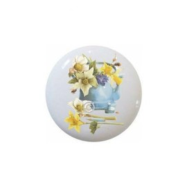 Still Life Blue Tea Kettle with Flowers from Country Rustic Designs - 1.5" Decorative Glossy Ceramic Dresser Drawer PULLS Cabinet Cupboard KNOBS