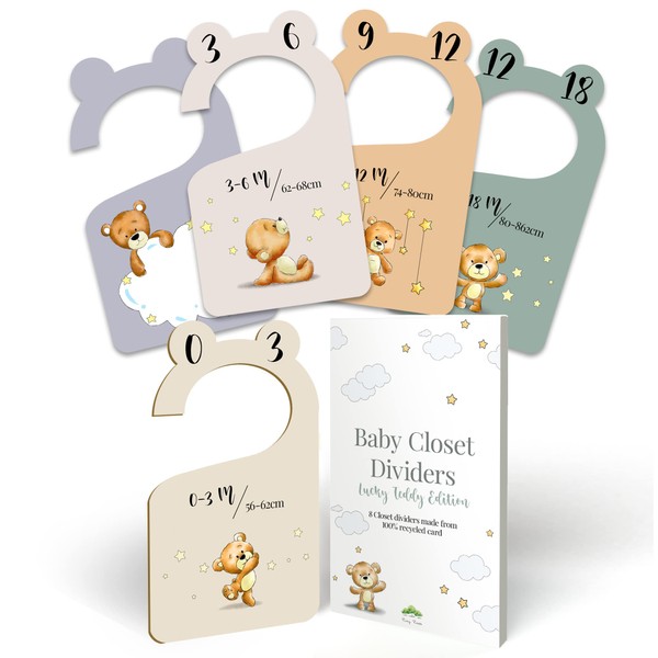 Tiny Trees Baby Wardrobe Dividers in Gift Box - 8X Unisex Baby Clothes Dividers 0-24 Months - Newborn Baby Gifts for Parents, Baby Clothes Organiser and Nursery Closet Age Divider - Teddy Edition