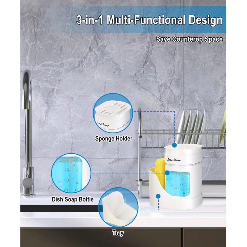 Dish Soap Dispenser with Sponge Holder, Soap Dispenser for Kitchen