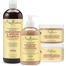 SheaMoisture Jamaican Black Castor Oil Hair Care Set: 16oz Growth Shampoo, 13oz Strengthening Conditioner, 11.5oz Leave-In Treatment, 12oz Restorative Masque for Curly Hair