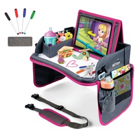 WITRIP Kids Travel Tray with Dry Erase Board, Travel Tray for Kids Car Seat, Carseat Table Trays for Toddler, Kid Activity Desk for Air Travel, No-Drop Tablet Holder & Borders (Pink Frame)