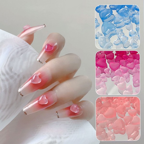 300 Pcs 3D Heart Nail Art Charms Mix 4/6/8 MM UV Light Color Change Resin Peach Heart Rhinestone Gems Crystal Jewelry Acrylic Nail Supplies for Women Craft DIY Nail Decoration Accessories
