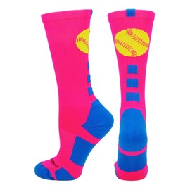 MadSportsStuff Softball Logo Crew Socks (Neon Pink/Electric Blue, Small)