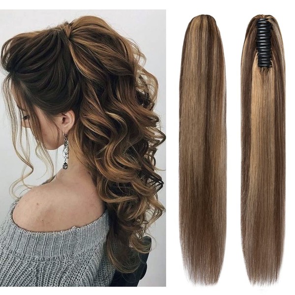 Rich Choices Claw Clip Ponytail Extension Human Hair Real Hair Ponytail Balayage Medium Brown Highlighted Dark Blonde 22 Inch 120g One Piece Clip In Long Ponytail Hair Extension For Women #4P27