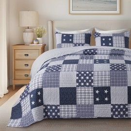 SLPR Americana Pride 2-Piece Quilt Set - Twin Size with 1 Sham, Lightweight Patriotic Bedding in Blue and White with Star and Plaid Patterns, Quilted Bedspread for Twin Bed