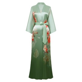 PRODESIGN Kimono Robes for Women - Long Satin Sleepwear Silky Nightgown Bathrobe Gradient Floral Dressing Gown Blouse Robe