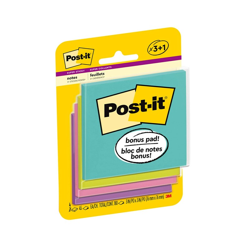 Post-it Super Sticky Notes, 3x3 in, 4 Pads, 2x the