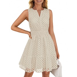 ZESICA Women's Summer Sleeveless Mini Dress V Neck Hollow Out Eyelet High Waist A Line Swing Short Party Dresses,Apricot,X-Large