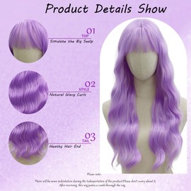 EVLYNN Long Natural Purple Wigs for White Women Light Purple Body Wave Wig with Bangs Heat Resistant Synthetic Water Wave Curtain Bang Wig Glueless Curly Wigs for Women Daily Party Cosplay Use 24Inch