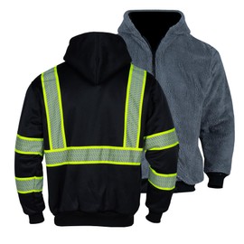 FONIRRA Men‘s Hi Vis Hoodie Reflective ANSI Class 3 Wool Fleece Safety Sweatshirts High Visibility Zipper Jacket with Black Bottom