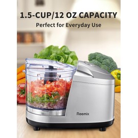 Reemix 1.5-Cup One-Touch Electric Food Chopper, 100W Mini Food Processor Meat Grinder, Mix, Chop, Mince and Blend Vegetables, Fruits, Nuts, Meats, Stainless Steel Blade (Silver)